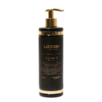 Um frasco pump preto e dourado de 500 ml com o rótulo "15 em 1 Lizzon", com informações sobre o produto em português na frente.