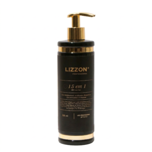 Um frasco pump preto e dourado de 500 ml com o rótulo "15 em 1 Lizzon", com informações sobre o produto em português na frente.
