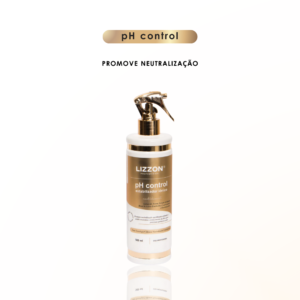 Um frasco dourado e branco de Lizzon pH Control Neutralizante com um bico de spray está centralizado em um fundo branco. Acima dele, um rótulo dourado apresenta "liso pH control" e o texto "PROMOVE NEUTRALIZAÇÃO.