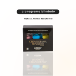 Caixa de produtos Lizzon Professional Cronograma Blindado, com três recipientes coloridos, com o texto Hidrata, Nutre e Reconstrói acima da caixa - perfeito para cabelos que querem ficar lisos e saudáveis. Exibido em um fundo branco.