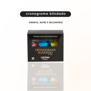 Caixa de produtos Lizzon Professional Cronograma Blindado, com três recipientes coloridos, com o texto Hidrata, Nutre e Reconstrói acima da caixa - perfeito para cabelos que querem ficar lisos e saudáveis. Exibido em um fundo branco.