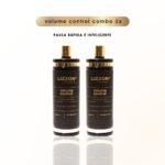 Dois frascos pretos de Volume Control Blond (embalagem 2unid black) são exibidos lado a lado em um fundo branco. Acima deles, o texto diz "volume control combo 2x" e, abaixo, "pausa rápida e inteligente".