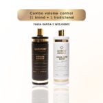 Dois frascos de controle de volume do kit Lizzon (1 loiro + 1 tradicional) estão lado a lado: o da esquerda está rotulado como tradicional e o da direita como loiro. O texto acima diz Combo volume control (1 blond + 1 tradicional).