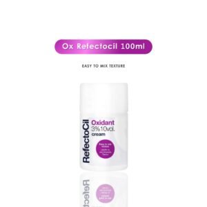 Um frasco branco de Oxidante Creme 3% 10vol - RefectoCil, 100 ml, está centralizado em um fundo branco liso. "Ox Refectocil 100ml" aparece acima do frasco, com "Textura fácil de misturar" escrito abaixo.