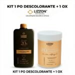 O Kit 2 Pó Descolorante 500g + 1 Emulsão Oxidante Express 900ml combina uma coloração de cabelo eficaz em uma embalagem segura, com texto em destaque acima e abaixo dos recipientes preto e bege.