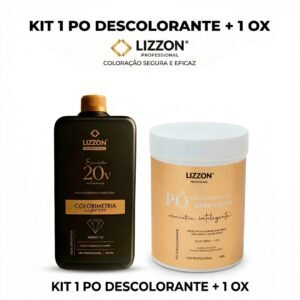 O Kit 2 Pó Descolorante 500g + 1 Emulsão Oxidante Express 900ml combina uma coloração de cabelo eficaz em uma embalagem segura, com texto em destaque acima e abaixo dos recipientes preto e bege.