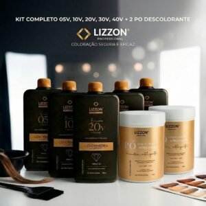 Um conjunto de produtos para cabelo da Lizzon Professional, incluindo seis frascos pretos rotulados com volumes diferentes (05V, 10V, 20V, 30V, 40V) e dois recipientes dourados rotulados como Pó Descolorante, com escovas e uma tigela na frente.