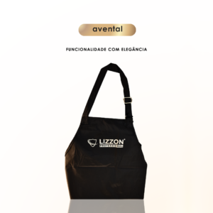Avental Lizzon Professional: Avental preto, liso, com alça ajustável e logotipo branco da Lizzon Professional. Fundo liso com "avental" e "FUNCIONALIDADE COM ELEGÂNCIA" acima desse elegante avental.