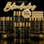 Vários frascos pretos e dourados do kit cachos blindados (homecare) 10 unidades são exibidos. O texto acima diz Kit Cachos Blindados (homecare) e destaca: Blindagem Capilar, Máximo Rendimento, Economia Garantida.