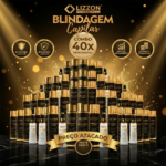 Uma exibição de frascos de Kit Homecare (Combo 40 unidades) dispostos em uma pirâmide, com a marca dourada e preta. A promoção inclui uso profissional, preço de atacado e frete grátis.