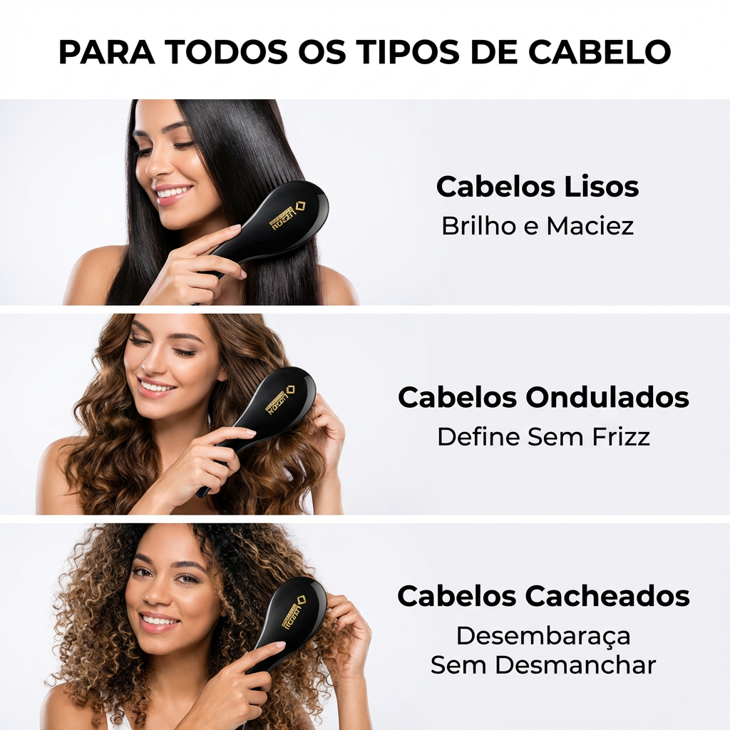 Três mulheres - uma com cabelos lisos, uma com cabelos ondulados e uma com cabelos cacheados - usam a Escova Desembaraçadora para facilitar o desembaraço, a definição sem frizz, o brilho e a maciez em todos os tipos de cabelo.