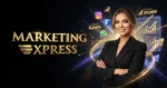 Uma mulher em um terno preto está de braços cruzados ao lado das palavras Marketing Xpress. Ícones de mídia social, contagens de seguidores e gráficos de vendas aparecem ao redor dela em um fundo escuro.