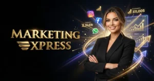 Uma mulher em um terno preto está de braços cruzados ao lado das palavras Marketing Xpress. Ícones de mídia social, contagens de seguidores e gráficos de vendas aparecem ao redor dela em um fundo escuro.