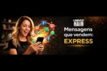 Uma mulher sorri enquanto olha para seu telefone, com ícones de mídia social ao seu redor. O texto diz: UNIVER HAIR Mensagens que vendem: EXPRESS em um fundo preto.