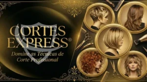 Um gráfico exibe cinco penteados femininos diferentes em molduras douradas com ferramentas de cabeleireiro ao redor. O texto diz: Cortes Express. Domine as Técnicas de Corte Profissional em um fundo preto e dourado.