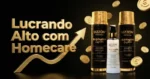 Os frascos dos produtos para cabelo Lizzon são exibidos ao lado de uma seta dourada para cima, moedas douradas e um texto grande que diz Lucrando Alto com Homecare em um fundo preto.