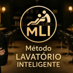 Duas pessoas com uniformes pretos estão em um salão elegante com iluminação dourada. Entre elas, há um logotipo que mostra uma pessoa reclinada, o texto "MLI Lizzon" e, abaixo, "Método Lavatório Inteligente".