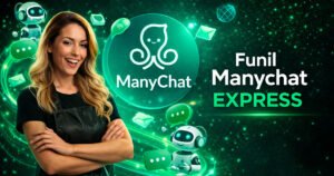Uma mulher sorridente está de braços cruzados ao lado do logotipo do ManyChat e das palavras Funil Manychat Express em um plano de fundo digital verde com ícones de robôs, bolhas de bate-papo e envelopes.