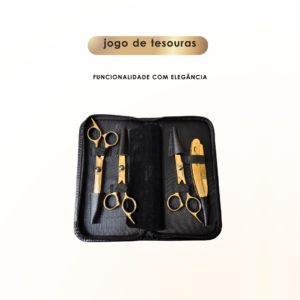 A caixa preta aberta exibe o Jogo de Tesouras Lizzon: um conjunto de cinco ferramentas de cabeleireiro douradas, incluindo tesouras e lâminas, em um fundo neutro. "Jogo de tesouras" aparece acima e "FUNCIONALIDADE COM ELEGÂNCIA." aparece abaixo.