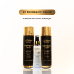 O Kit Blindagem Capilar é apresentado com um xampu de 250 ml, uma máscara condicionadora de 250 ml e um sérum de 125 ml. Acima dos produtos, o texto diz: "Kit Blindagem Capilar" e "blindagem anti-danos e proteção".