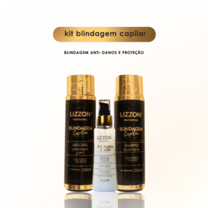 O Kit Blindagem Capilar é apresentado com um xampu de 250 ml, uma máscara condicionadora de 250 ml e um sérum de 125 ml. Acima dos produtos, o texto diz: "Kit Blindagem Capilar" e "blindagem anti-danos e proteção".