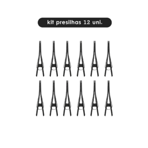 Doze grampos de cabelo idênticos do Presilhas Bicos de Pato estão dispostos em três fileiras de quatro em um fundo branco, com o texto "kit presilhas 12 uni." exibido acima deles em uma caixa preta.
