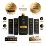 Exibição do produto para o kit Retoq Express (Glow Express) Cobertura Brancos Express Única kit Tons 1 a 10, com frasco preto central e caixas. "Tons escuros" e "tons claros" destacados para rápido retoque expresso em minutos.