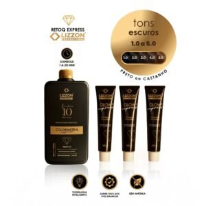 Imagem do produto do kit Retoq Express Home (Tons escuros) com um frasco grande e três tubos. Os rótulos destacam a tecnologia Retoq Express, sem amônia, e a cobertura de 100% dos cabelos brancos para tons escuros (1.0 a 5.0).