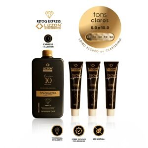 Foto do kit Retoq Express Home (Tons claros) com um frasco grande e três tubos pequenos para tons de loiro claro (6,0-10,0). Apresenta uso expresso, cobertura de cabelos brancos e fórmula sem amônia.