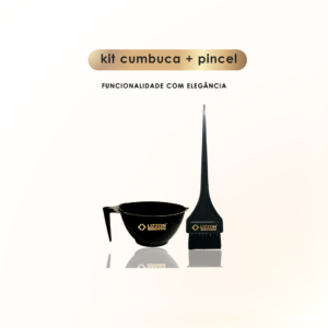 A Cumbuca + Pincel Profissional pretos com logo dourado Lizzon são exibidos lado a lado, unindo funcionalidade e elegância para um resultado perfeito e liso.