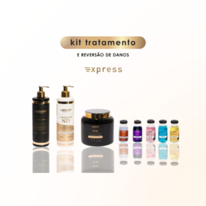 O Kit Tratamento Lizzon inclui dois frascos com bomba, um frasco e oito frascos pequenos de liso, todos dispostos em uma fileira em um fundo branco.