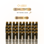 Fileiras de 20 frascos pretos e dourados do kit Lizzon Professional homecare (combo 20x) estão dispostos em um fundo branco, cada um com o logotipo da marca e o nome do produto.