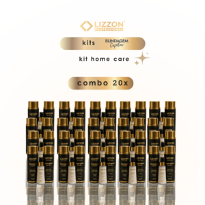 Fileiras de 20 frascos pretos e dourados do kit Lizzon Professional homecare (combo 20x) estão dispostos em um fundo branco, cada um com o logotipo da marca e o nome do produto.