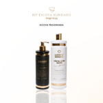 Dois produtos de cuidados com o cabelo da Lizzon são mostrados em pé em um fundo branco. Os frascos, perfeitos para manter seu cabelo liso, são rotulados como "15 em 1" e "Volume Control Blond", ambos com detalhes em dourado e preto. O texto acima diz "Kit Escova Blindado Express".