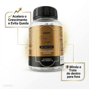 Um frasco do suplemento alimentar Lizzon Plus Caps (60 cápsulas) com um rótulo dourado e branco. O texto em português destaca benefícios como a aceleração do crescimento, a prevenção da queda de cabelo e a proteção interna.