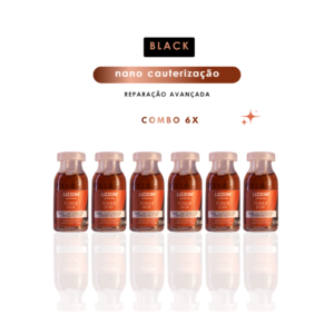 Seis pequenos frascos marrons com o rótulo Power Dose Nano Cauterização (combo 6x) estão dispostos em uma fileira sobre um fundo branco, com o texto "BLACK nano cauterização, reparação avançada, combo 6x" acima deles.