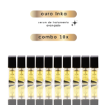 Dez frascos de ouro inka (Combo 10x) (preto) estão alinhados; acima deles, banners dourados exibem "ouro inka", "soro de tratamento avançado" e "Combo 10x" com um ícone de brilho.