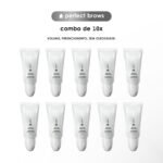 Dez tubos brancos idênticos do Perfect Brows (combo 10x) estão dispostos em duas fileiras de cinco em um fundo branco. Acima deles, o texto diz: combo de 10x e VOLUME, PREENCHIMENTO, SEM OLEOSIDADE.