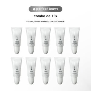 Dez tubos brancos idênticos do Perfect Brows (combo 10x) estão dispostos em duas fileiras de cinco em um fundo branco. Acima deles, o texto diz: combo de 10x e VOLUME, PREENCHIMENTO, SEM OLEOSIDADE.