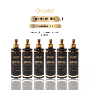 Três frascos pretos de Perfect Liss - Protetor Térmico (combo 3x), cada um com uma tampa de spray dourada, estão dispostos em uma fileira. O texto acima diz perfect liss combo 3x e proteção térmica até 240°C.