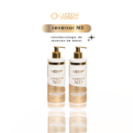 Dois frascos de Reversor de Danos - ND com bombas douradas estão lado a lado em um fundo branco. Acima deles, o texto diz "nanotecnologia de reversão de danos para um cabelo liso e saudável.