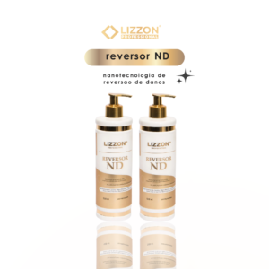 Dois frascos de Reversor de Danos - ND com bombas douradas estão lado a lado em um fundo branco. Acima deles, o texto diz "nanotecnologia de reversão de danos para um cabelo liso e saudável.