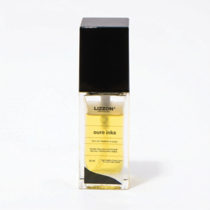 Um frasco de 30 ml do Sérum Ouro Inka da Lizzon Professional, cheio de soro amarelo e com uma tampa preta, está na vertical em um fundo branco liso.