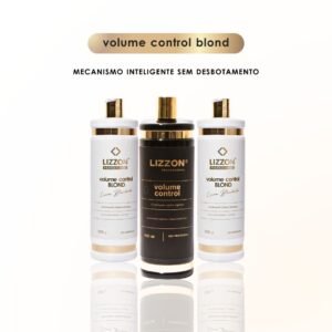 O Kit volume control blond combo 3 und (2 brancas + 1 blond) apresenta três frascos em um fundo branco: dois brancos com tampas douradas e um frasco central preto e dourado. O texto acima diz "volume control blond para um liso perfeito".