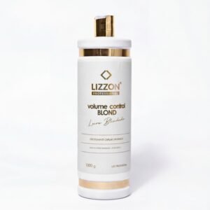 Um frasco branco e dourado com o rótulo Lizzon Professional Volume Control Blond e texto adicional em português. O frasco tem uma tampa dourada e contém 1.000 gramas de produto para cabelo.